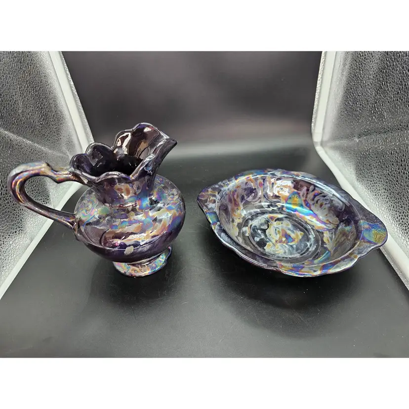 Vtg Irredescent Cobalt Blue Scalloped Bowl And Pitcher Signed 1976