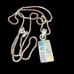 Sterling Silver Abalone Pendant 18" Chain Necklace Vintage Paua Shell Abalone Rectangular Necklace Modern 925
