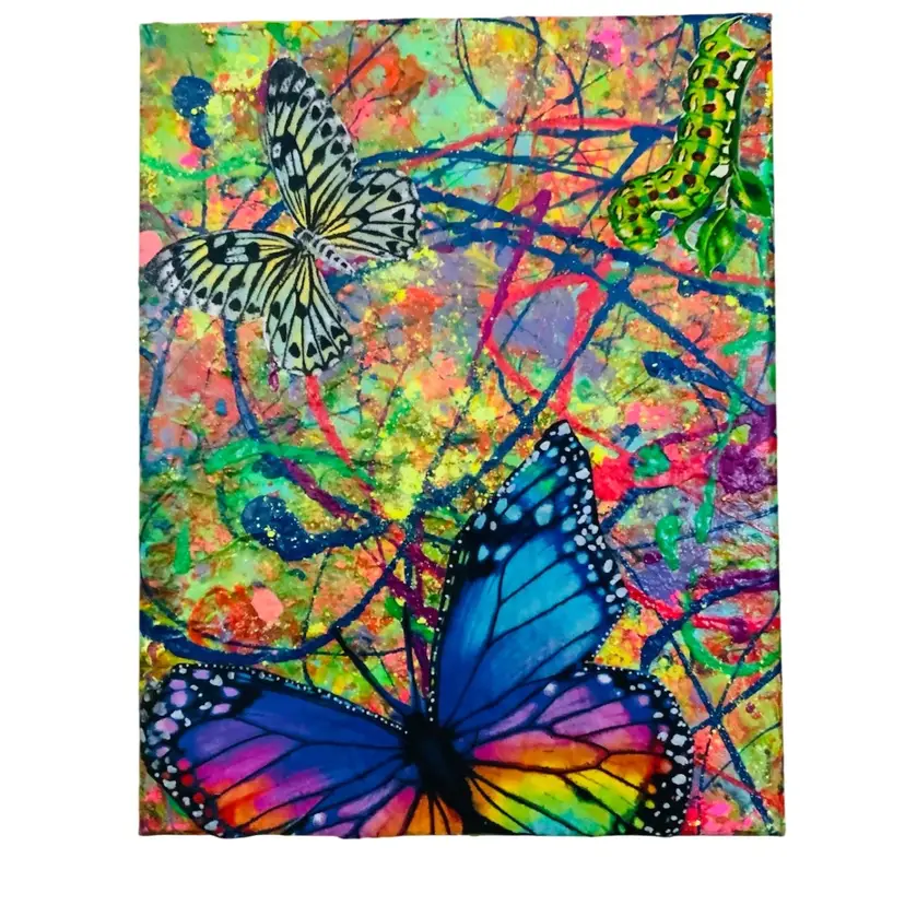 Colorful Original Glowy UV Reactive Art Inspired By Monarch Butterflies 🦋 And Friends 14” By 11” Study 3