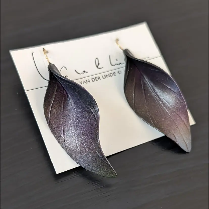 Vintage Linda Van Der Linde Long Purple Leaf Hook Earrings Handcrafted Porcelain
