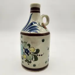 Vintage Tonala Mexico Hand Made Hand Painted Ceramic Jug Folk Art Floral Design