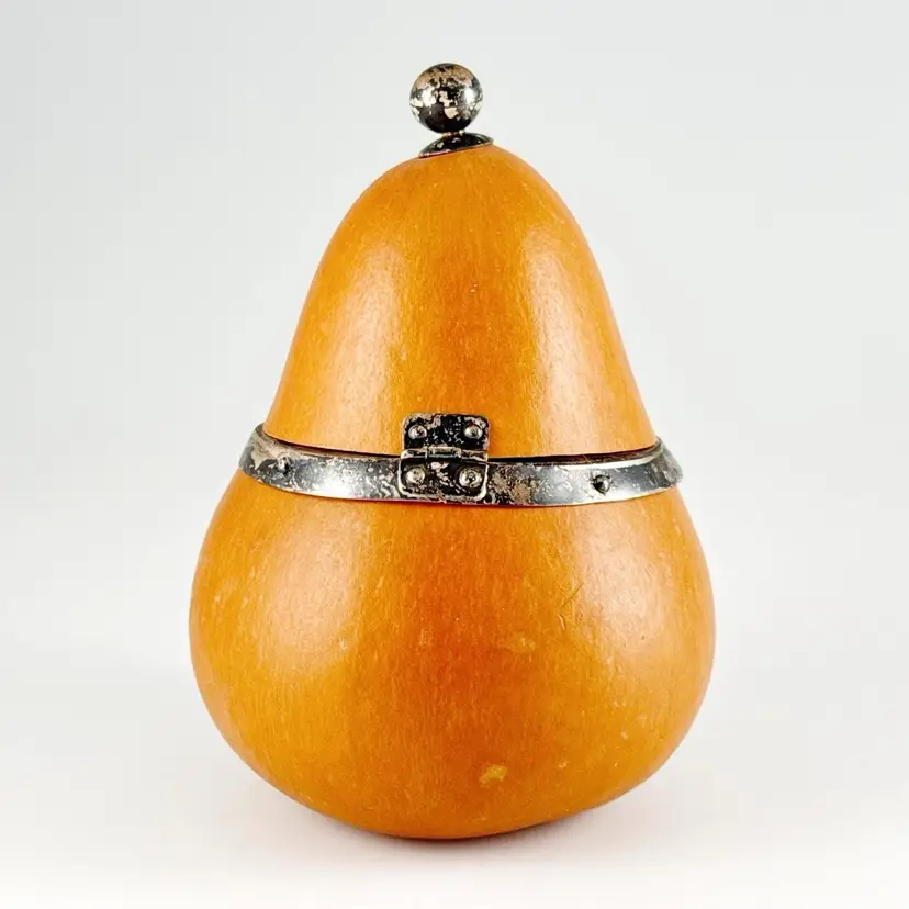 Vintage Chinese Pear Shaped Hollow Gourd Tea Caddy, Natural Hinged Canister Jar