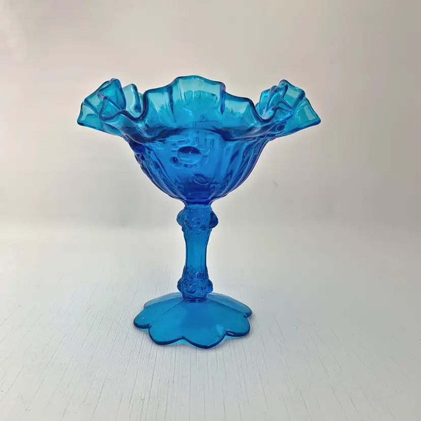 Fenton Blue Glass Compote Cabbage Rose Vintage 60s Mid Century Cottage Core