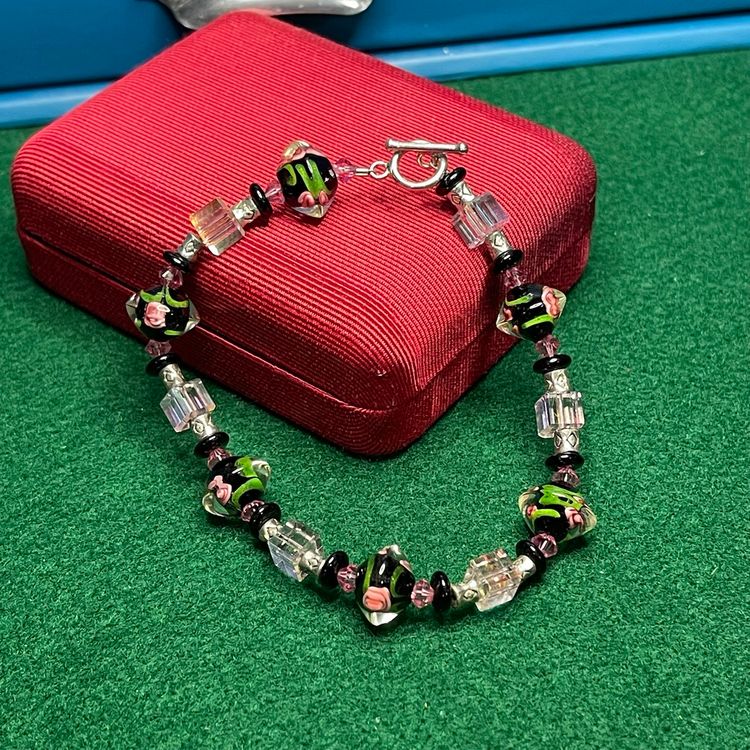 Art Glass Floral Bead Bracelet Toggle Clasp Sterling 925 Silver Black Pink Green