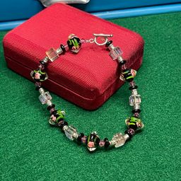 Art Glass Floral Bead Bracelet Toggle Clasp Sterling 925 Silver Black Pink Green