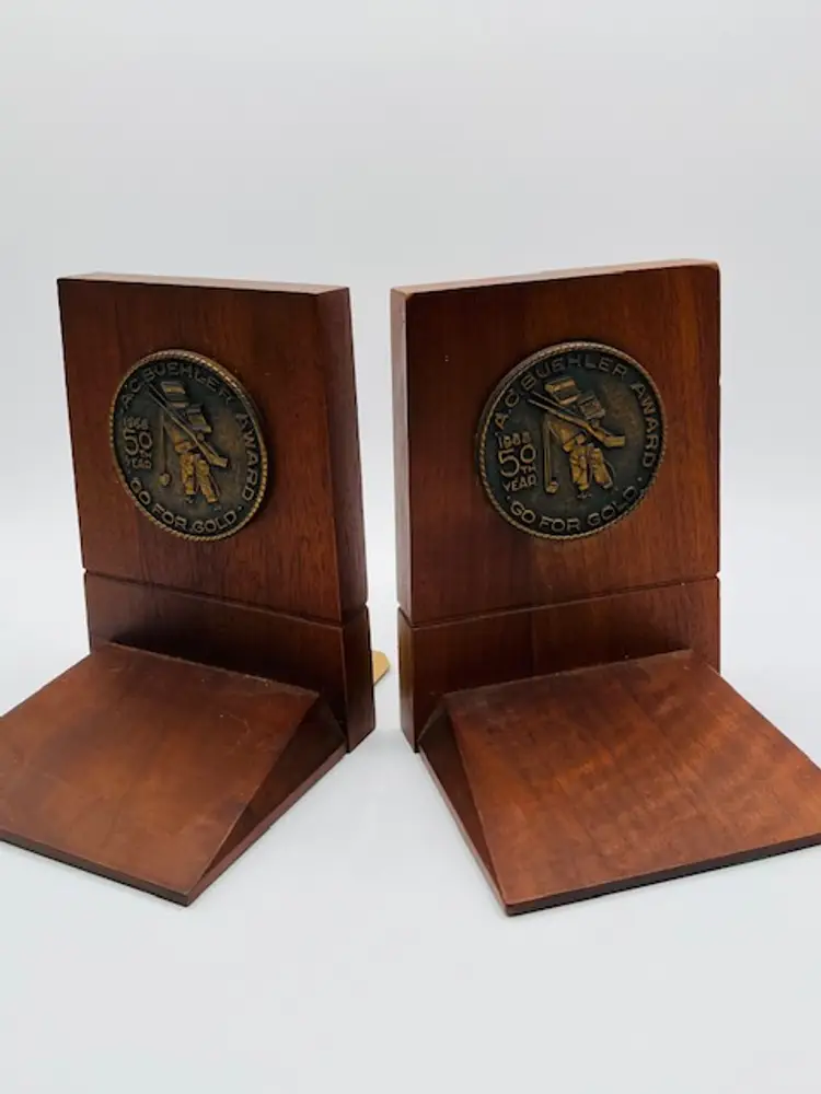 Bookends 1968 Vintage solid walnut A Buehler Award Go for Gold Mid Century Decor