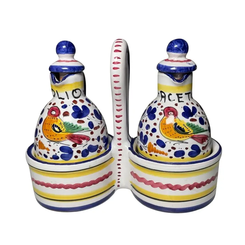San Gimignano Italy Oil & Vinegar Hand Painted Bird Majolica Folk Art Pottery Cruets & Caddy 5.25"