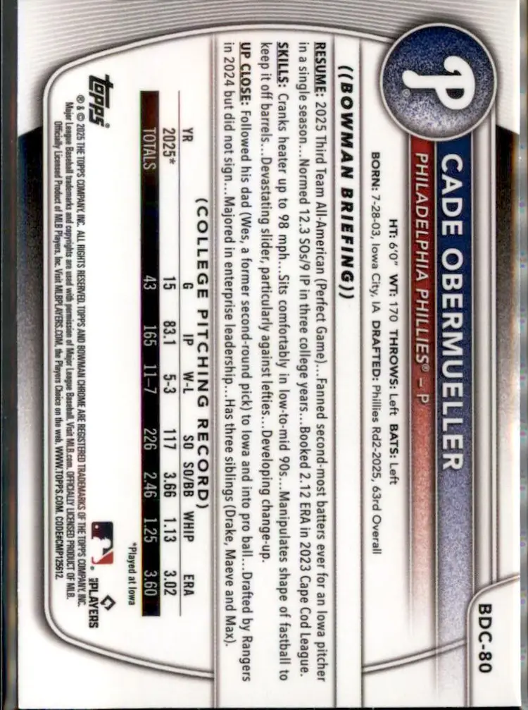 2025 Bowman Draft #BDC-80 Cade Obermueller Chrome - (138) - Philadelphia Phillies