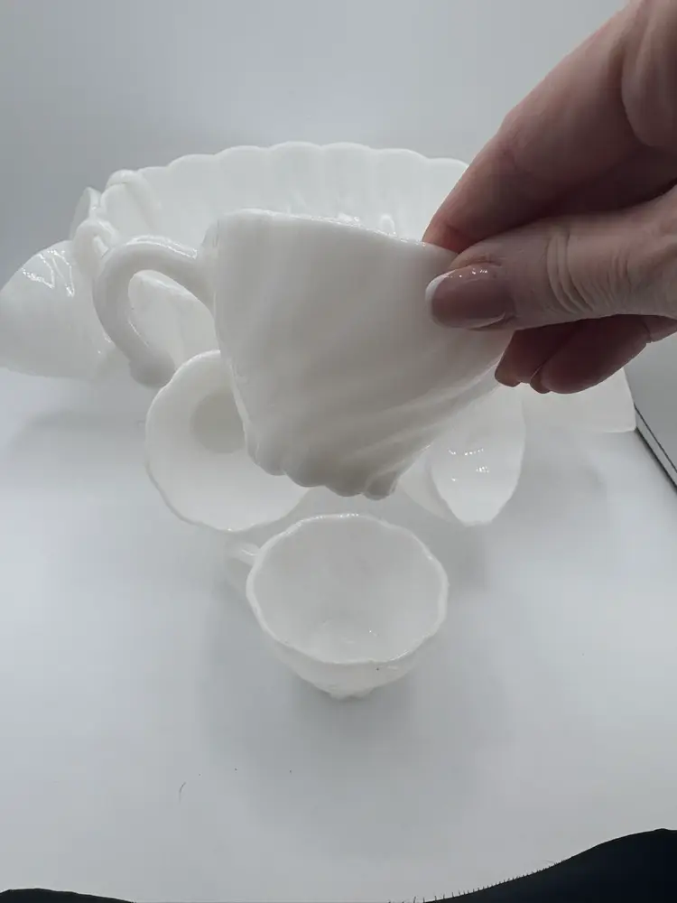 Hazel Atlas Alpine White Swirled Milk Glass Punch Set W/eight Cups