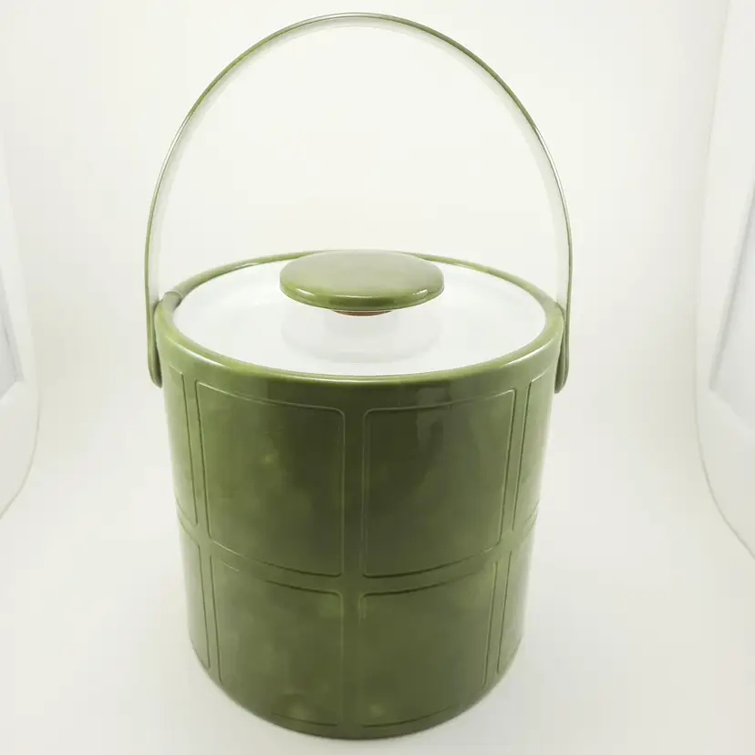 Vintage Avocado Green Marbled Paneled Vinyl Ice Bucket