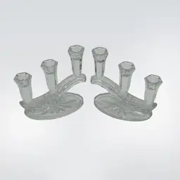 003.  Candleholders Vintage Art Deco BUDER Bleikristal (24% Lead Crystal) Candelabra Made In West Germany c.1980s; Tapered Three Arm Crystal -  Set Of 2 - 6.5”H