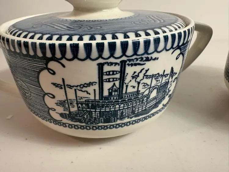Vintage Currier And Ives Creamer Sugar Bowl With Lid Steamboat & Locomotive