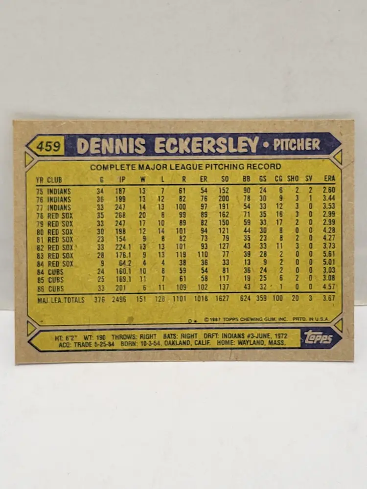 1987 Topps Baseball Card Dennis Eckersley Chicago Cubs #459