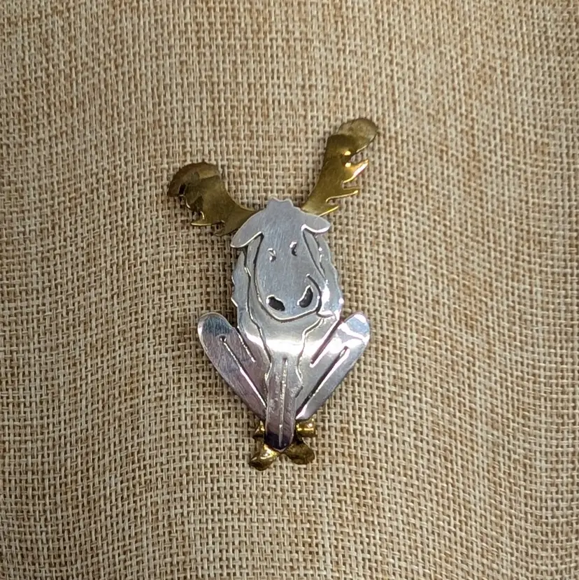 Vintage Far Fetched Sitting Moose Pin Brooch Sterling Silver & Brass Mixed Metal
