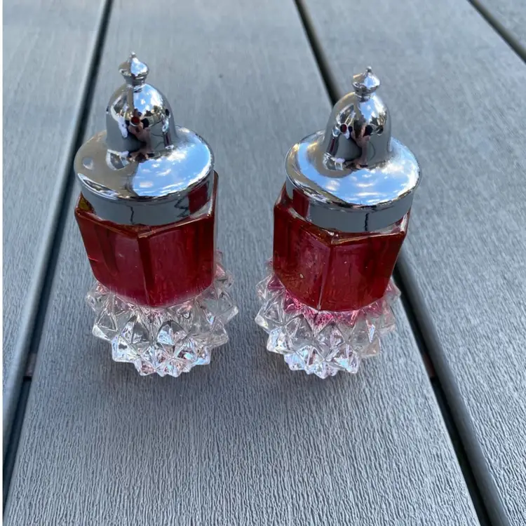 RUBY RED INDIANA GLASS KINGS CROWN DIAMOND POINT SALT AND PEPPER SET