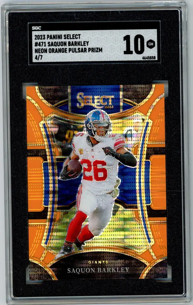 2023 Panini Select SAQUON BARKLEY /7 Neon Orange Pulsar Prizm SSP #471 GIANTS EAGLES SGC 10 GM