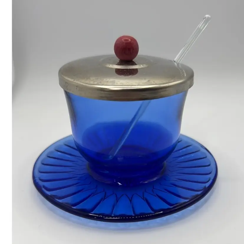 MacBeth-Evans Petalware Cobalt Blue Mustard Bowl Attached Underplate spoon lid