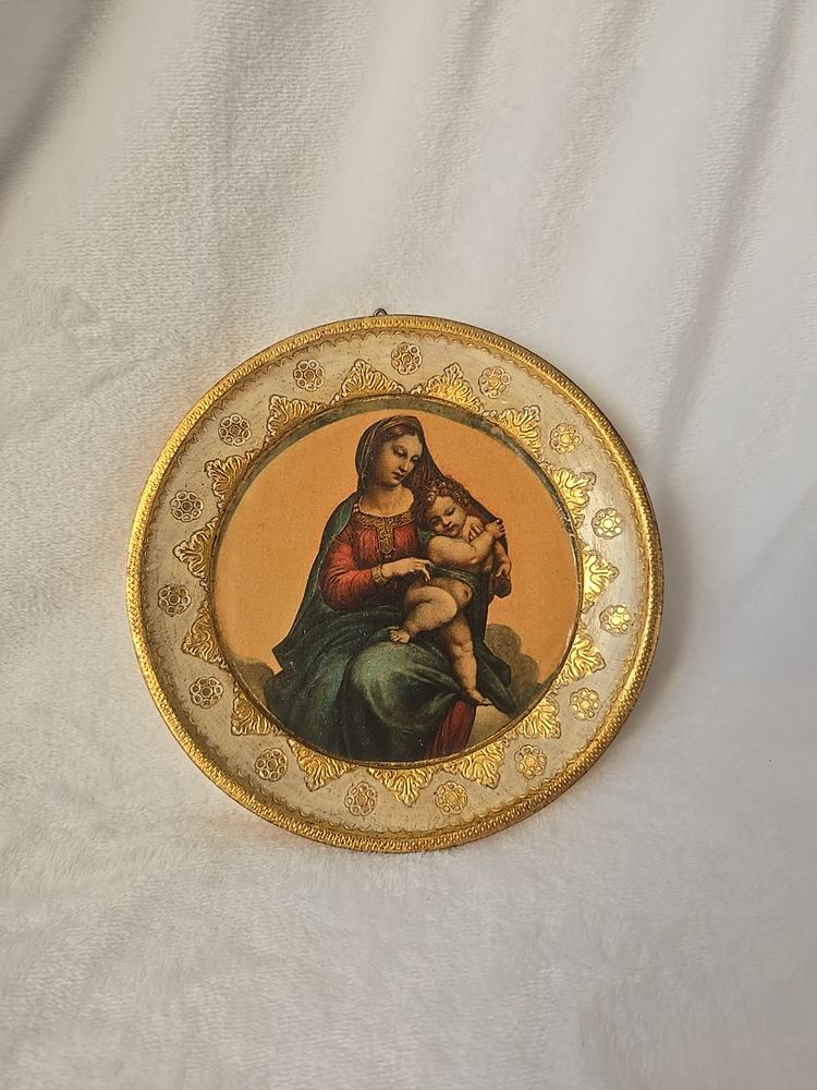 Vintage Italian Madonna & Child Florentine Plaque – Raphael “Madonna di Foligno” – 6.5″