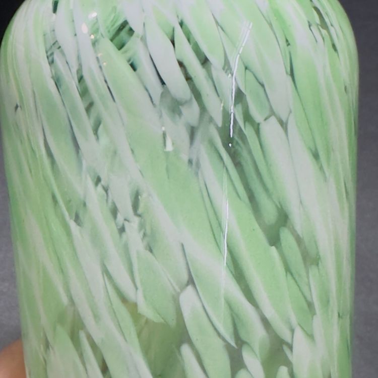 #1393 Royal Limited Crystal, Taiwan, Green Glass White Spatter 7.5” Flared Rim Vase