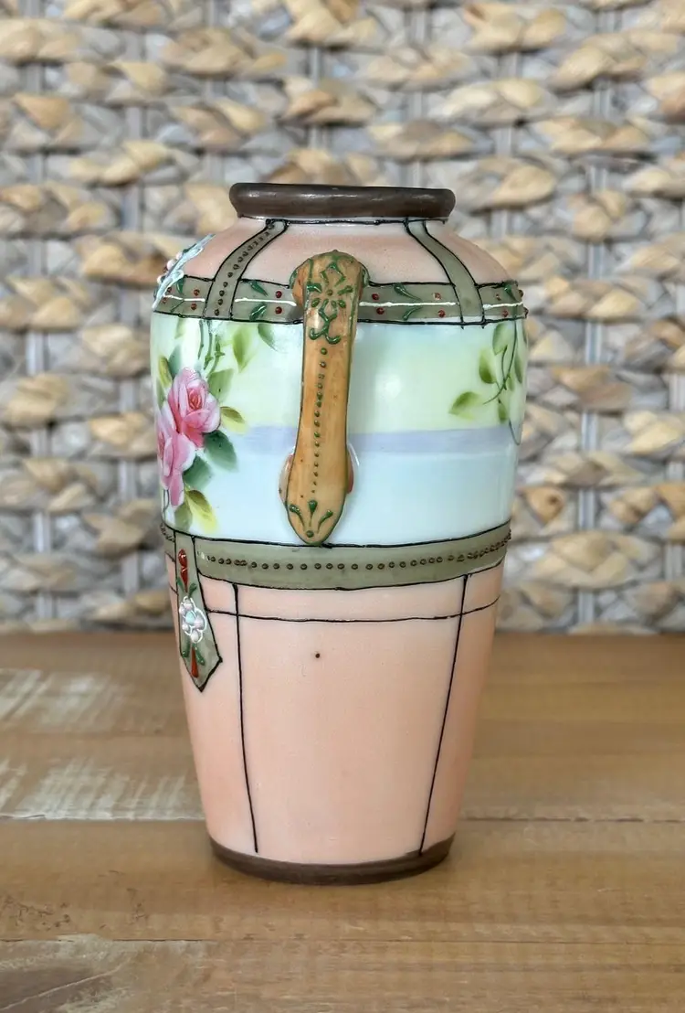 Antique Nippon Moriagi Two Handled Vase, Morimura, Moriage Japan, 5" Tall