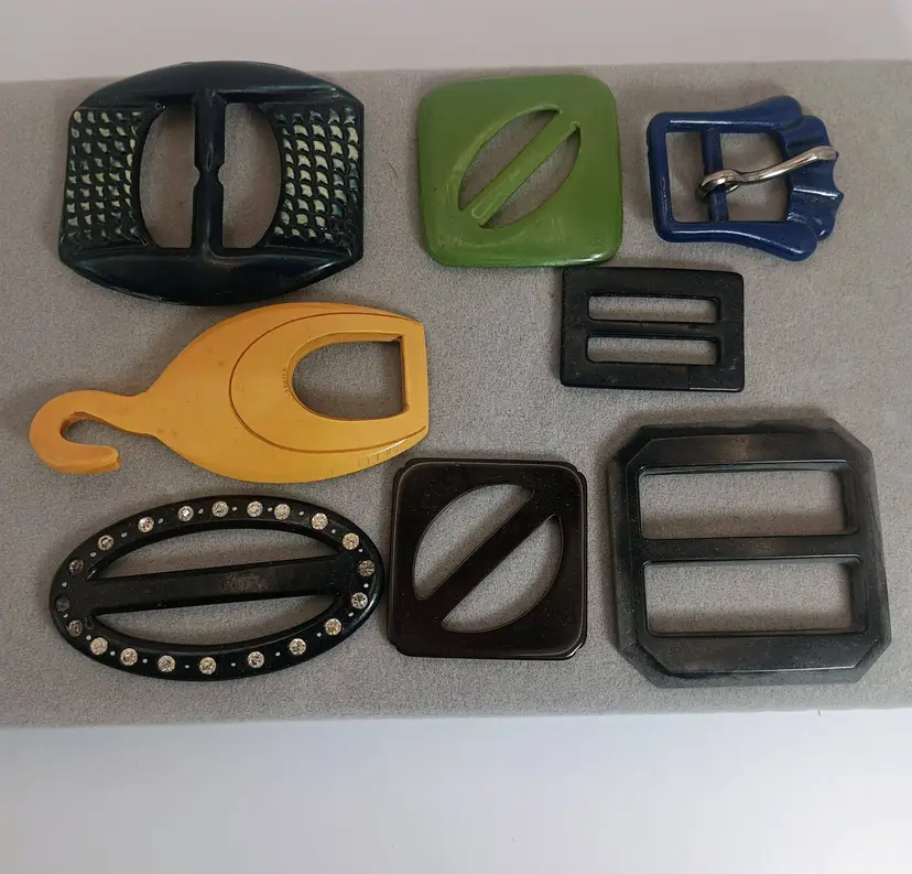 Vintage Celluloid/Bakelite Belt Buckles, Scarf Slides, and Scarf clips lot of 8