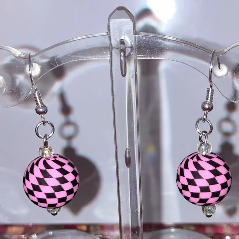925 Stamped Sterling Silver Fish Hooks! Acid Tested! Made By Me! 1 3/4” Drop! Pink And Black!