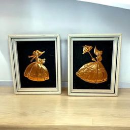 2 Embossed Copper Art Victorian Girls Wooden Frames