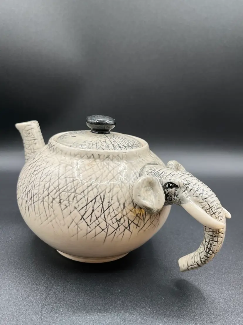 Art Pottery Hand Painted And Carved Elephant Teapot