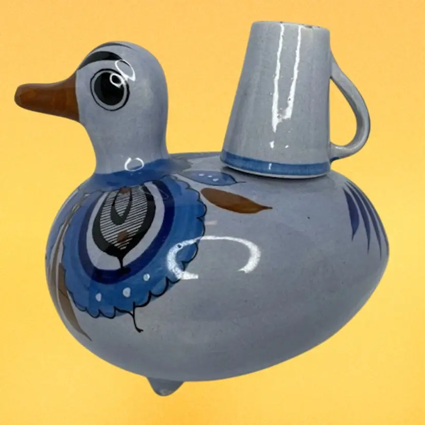Vtg Blue Tonala Folk Art Mexican Figural Pottery Duck Pitcher Decanter Signed