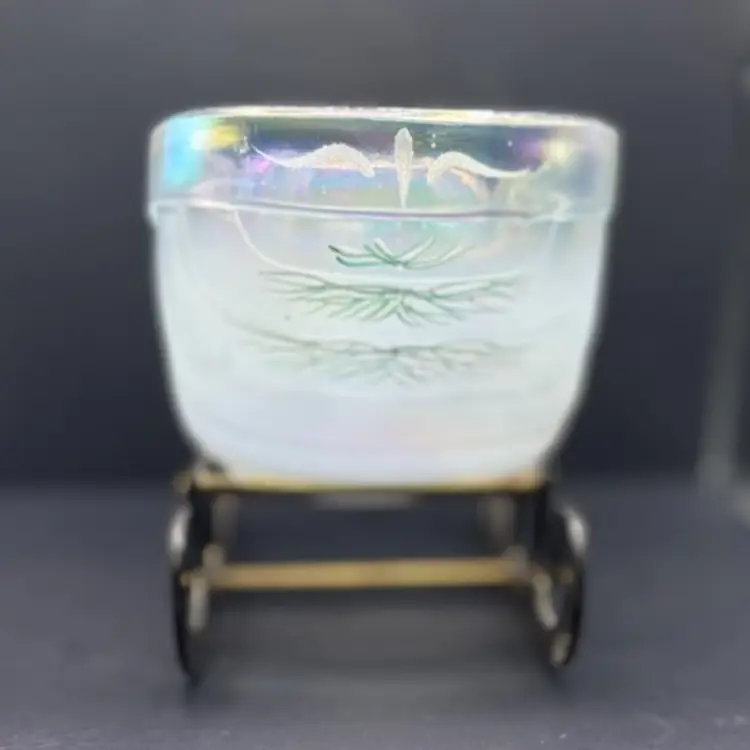 Vintage Signed Fenton French Opalescent Woodland Frost Sleigh with a brass stand.