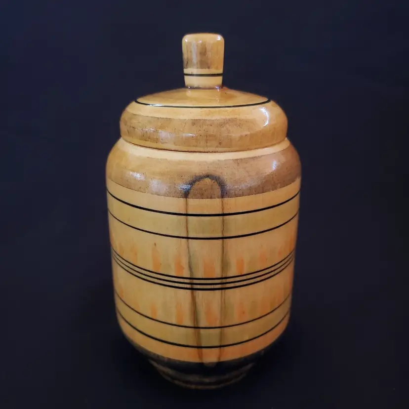 Wood Round Covered Box Russian Made 5¼" tall approximately partial original label