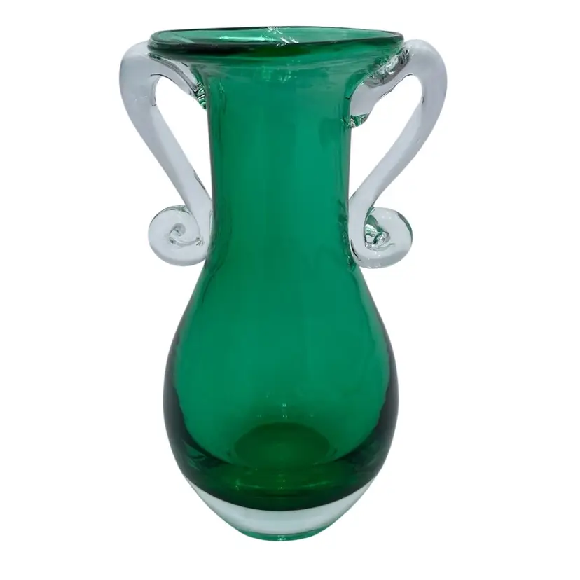 Vtg. Tarnowiec (Poland) Blown Glass Kelly Green Vase, Double-Scroll Handles