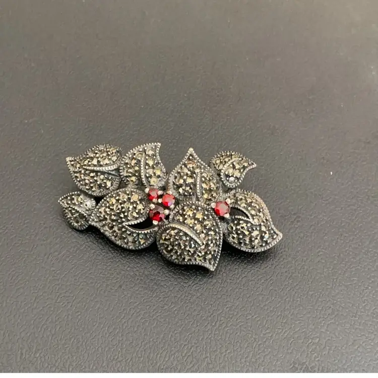 Floral Red Sterling Marcasite Brooch
