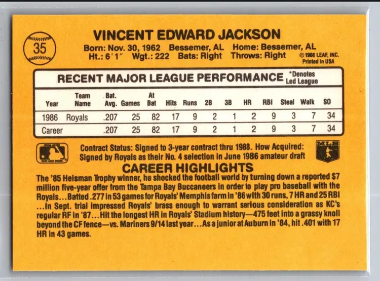 Bo Jackson 1987 Donruss #35 RC Kansas City Royals