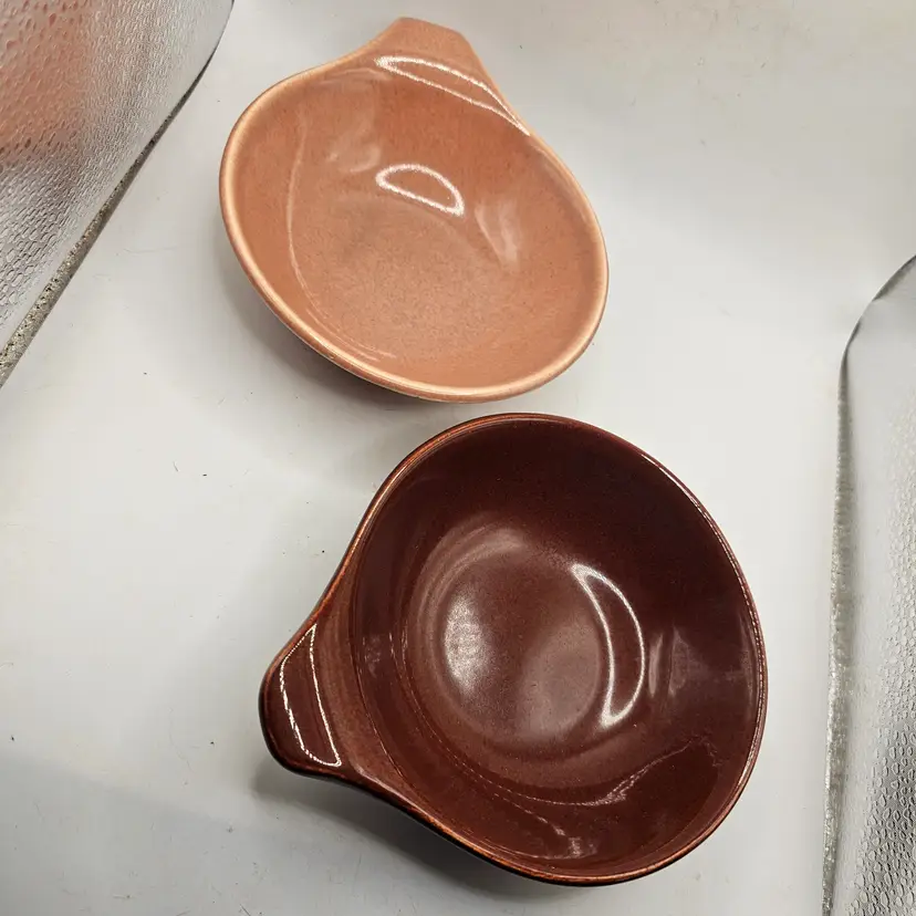 Russel Wright Steubenville fruit bowls with handle vintage set of 2 pink brown MCM