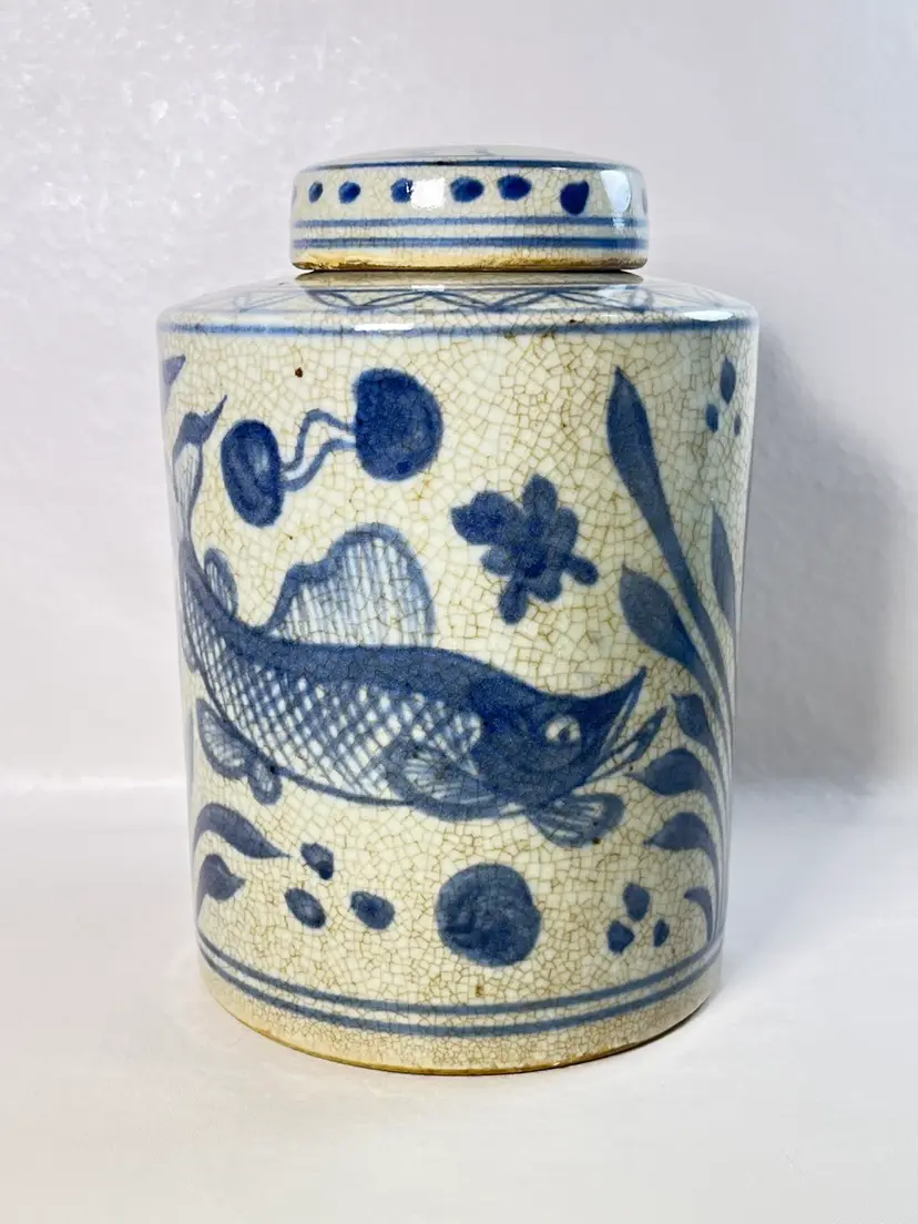 Antique Chinese Beige Blue Crackle Ceramic Flower Fish Container Ginger Biscuit Jar