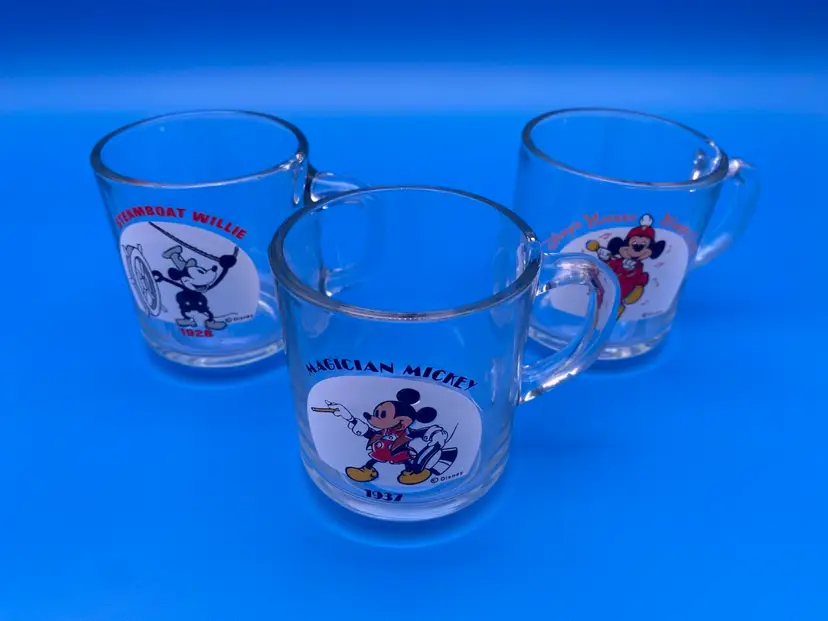 Disney Set of 3 Different Clear Glass Mickey Mouse Mugs - VTG Anchor Hocking