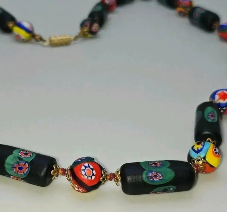VTG African Trade Venetian Murano Millefiori Glass Bead Necklace Frosted/Satin