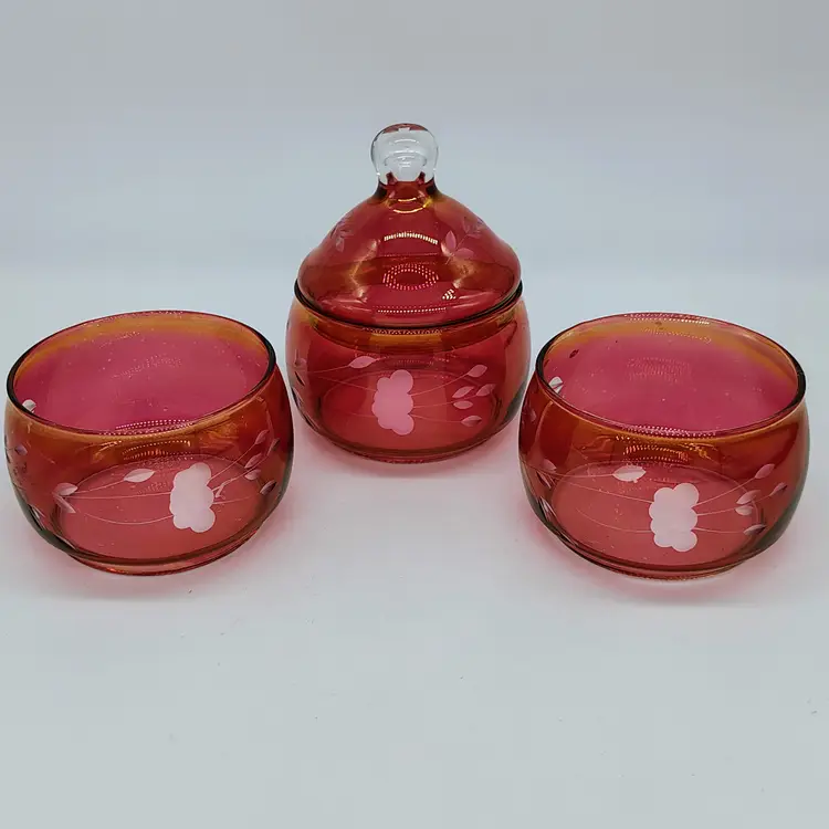 Vtg Princess House Cranberry Etched Glass Candy Dish Tower