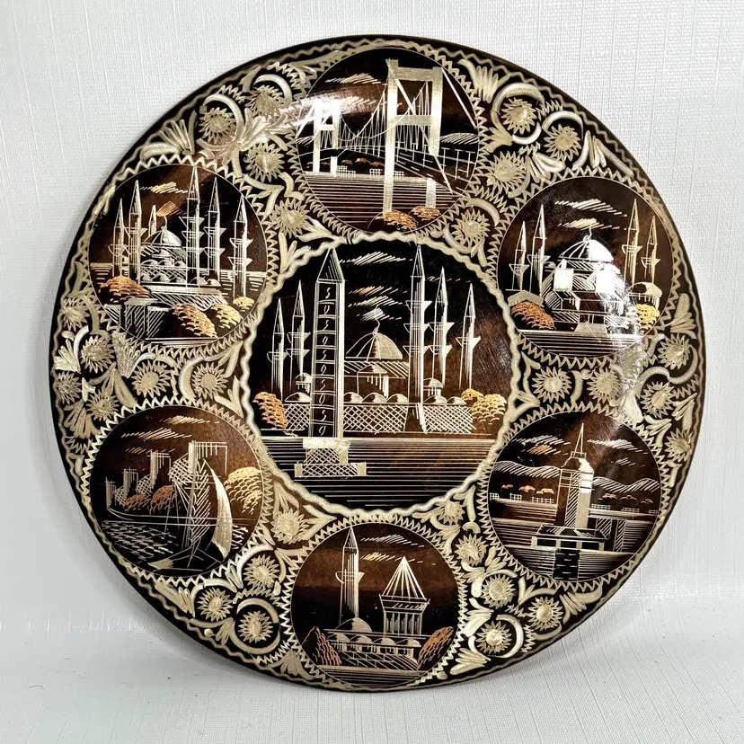 Engraved  Decorative Copper Wall Plate Made Turkey Ayasofya Souvenir 1980s Vintage