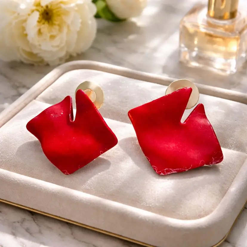 Red Square Earrings for Pierced Ears