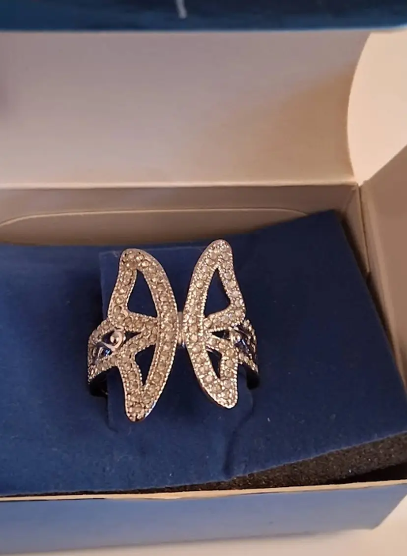 Vintage New Old Stock, Avon Butterfly Ring Rhinestone Silver-tone. Sz 11, Art Nouveau Style