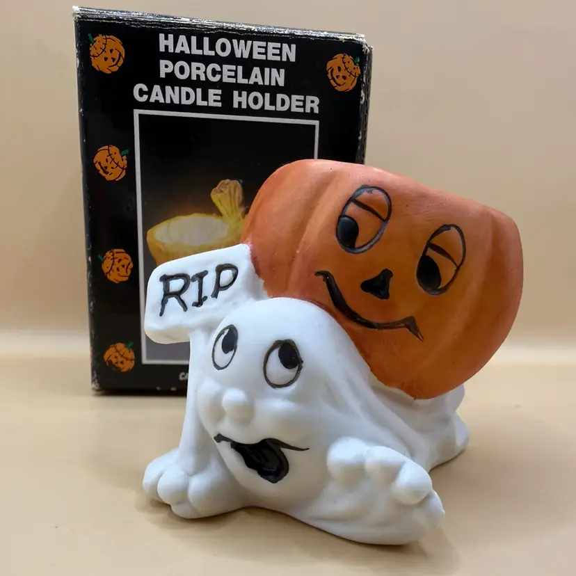 Porcelain Vintage RIP Ghost & Pumpkin Halloween Candle Holder NOS 2.5x3”