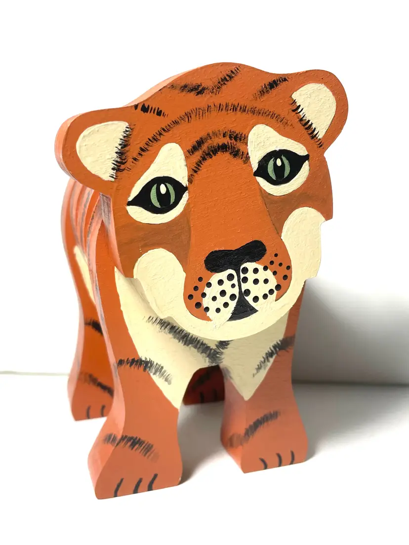 Hand Crafted Folk Art Tiger Cat. Braided Tail. Orange. Wood