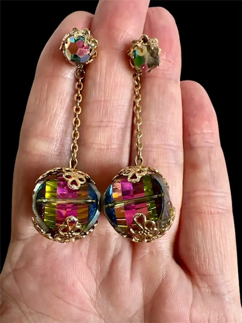 Vintage Vendome Rainbow Crystal Glass & AB Goldtone Dangle Drop Earrings 2.5"
