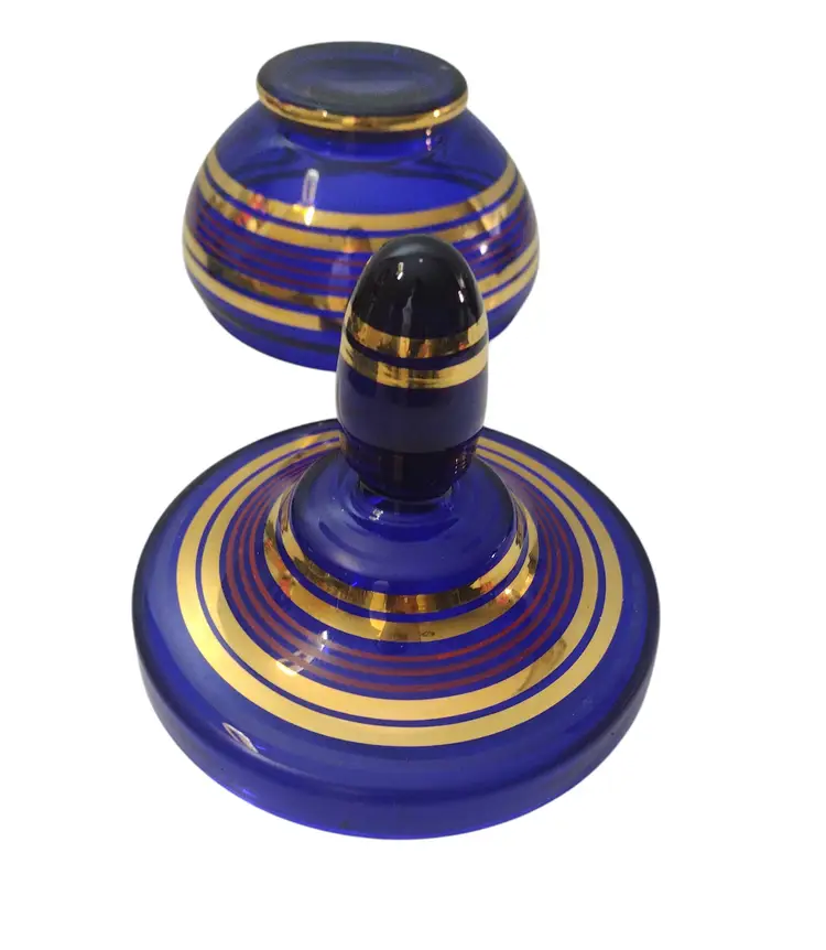 Czech Bohemian Glass MCM Cobalt Lidded Candy Dish Vintage Gold Trim