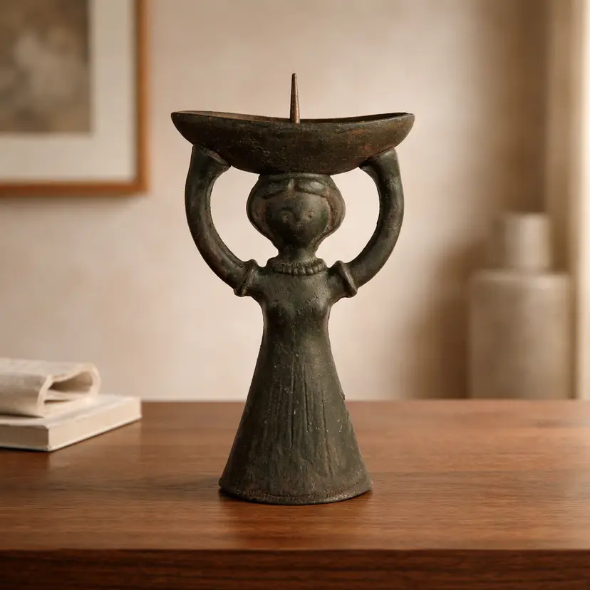 Vintage Cast Iron Folk Art Candle Holder in the Shape of Corn Woman/Scandanavian