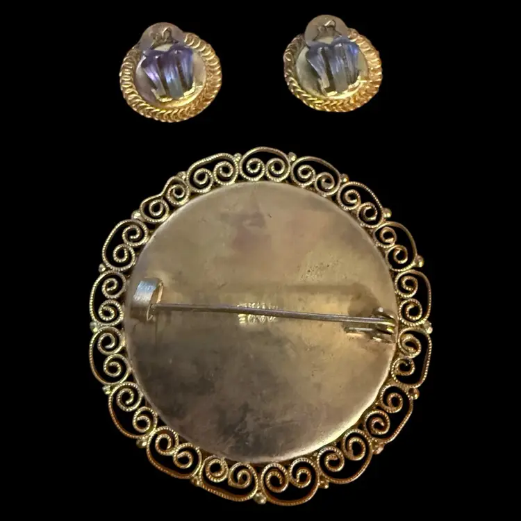 Micro Mosaic Floral Brooch And Clip On Earring Set 2”