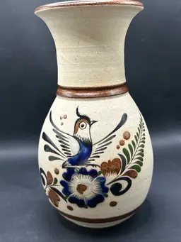 7” Vintage Tonala Mexico Signed Pottery Vase Bird Flying Flowers Blue Hand Painted