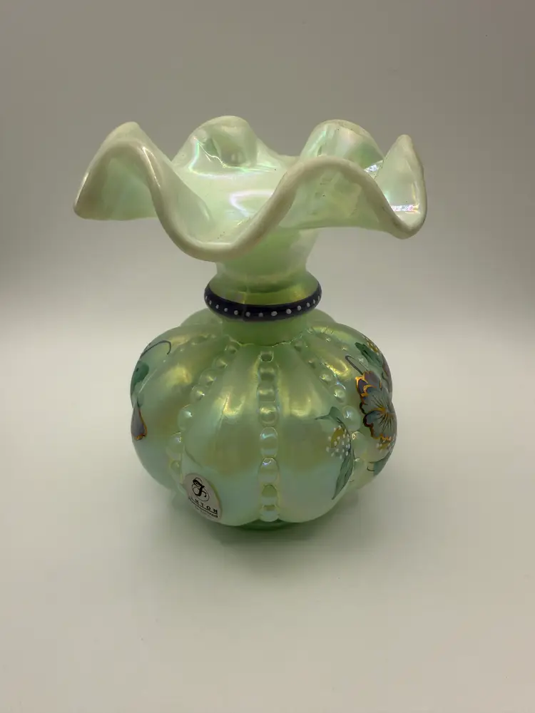 Fenton Sea Mist Green Iridized Pansies Hand Painted Beaded Melon Vase Signed